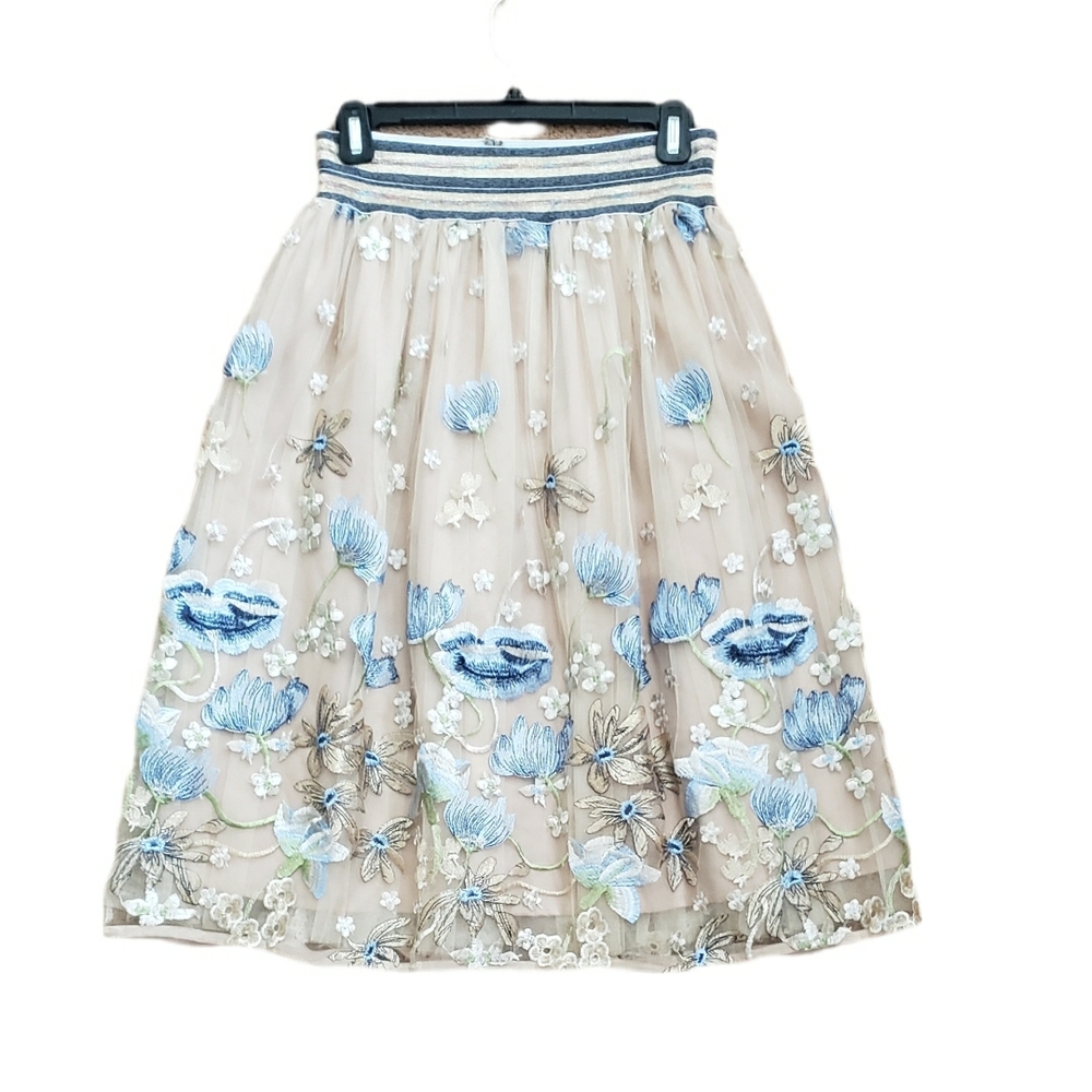 Italian Tulle Floral Embroidered Women's Skirt - Blue and Cream Flowers Lace*